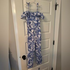 Janie and Jack girls pants romper - blue palm print